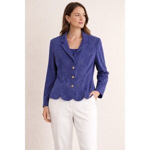 Leslie Fay Blue Embroidered Scalloped Hem Blazer Jacket Gold Buttons Vintage 12